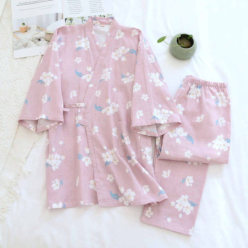 Cotton Gauze V-neck Floral Pajama Set - Nightwear Set - Pink - XL - image 1