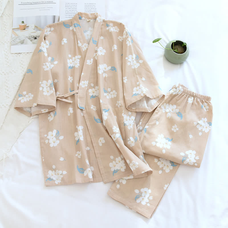 Cotton Gauze V-neck Floral Pajama Set - Nightwear Set - Khaki - XL - image 9