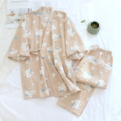 Cotton Gauze V-neck Floral Pajama Set - Nightwear Set - Khaki - XL - image 9