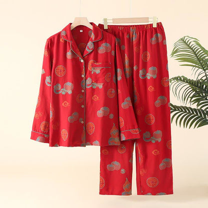Auspicious Gourd Persimmon Cotton Loungewear Set - Women: Red - XL - image 1