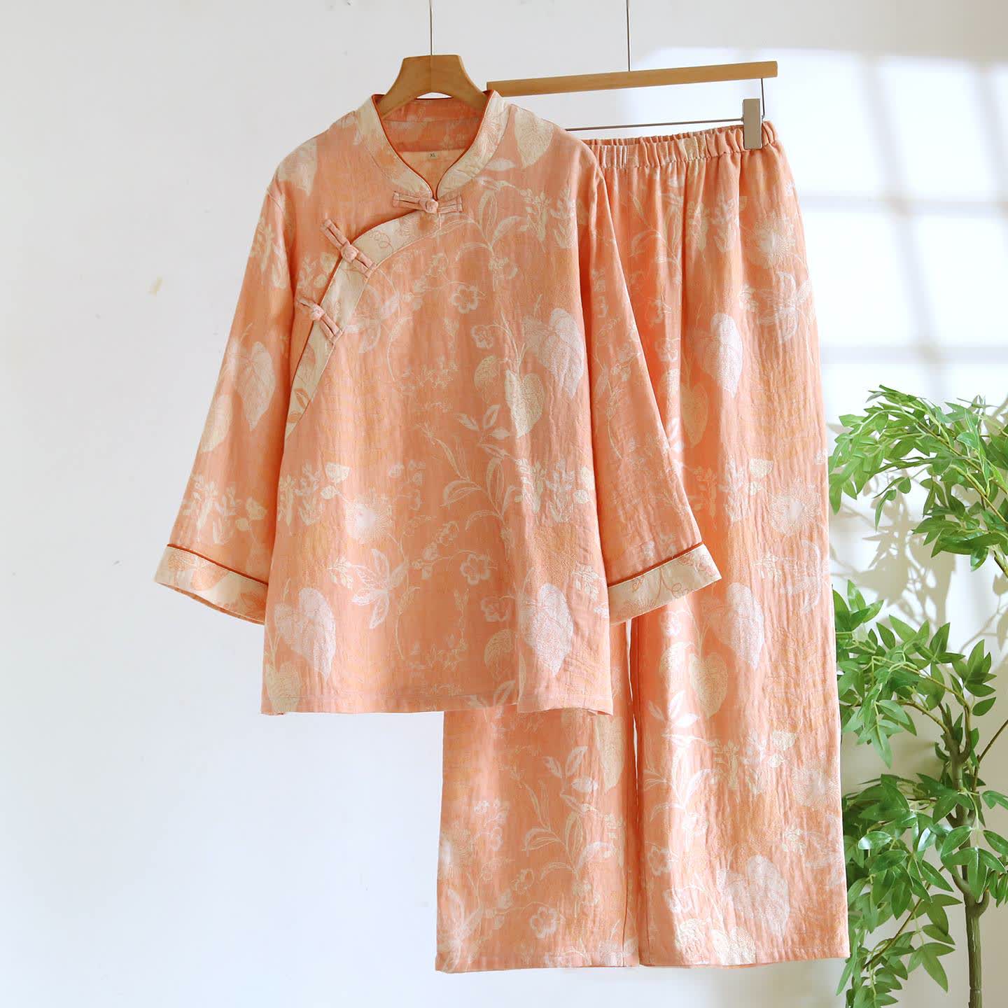 Oriental-Inspired Floral Cotton Gauze Pajama Set - Orange - XXL - image 1