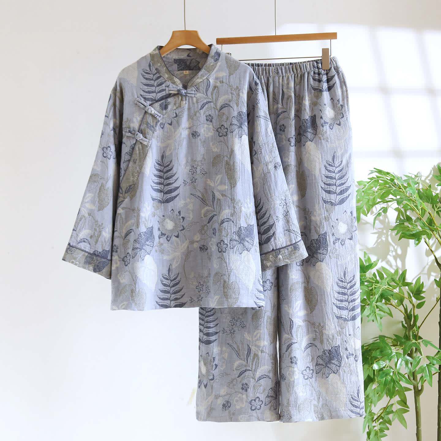Oriental-Inspired Floral Cotton Gauze Pajama Set - Grey Blue - XXL - image 2