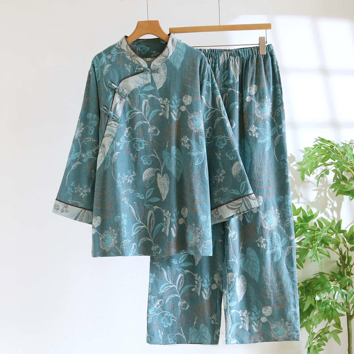 Ownkoti Oriental-Inspired Floral Cotton Gauze Pajama Set - Green - XXL - image 11