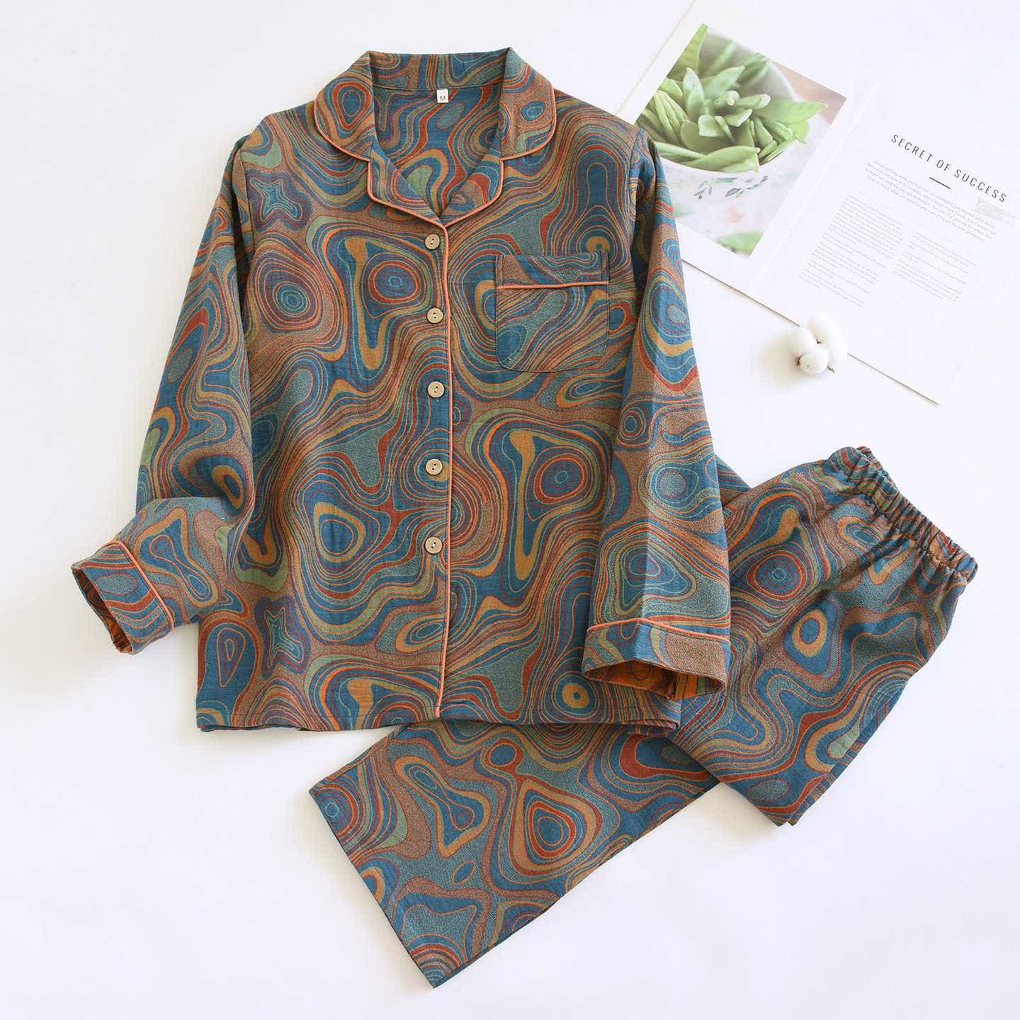 Artistic abstract Cotton Pajama Set - Blue & Orange - XL - image 1