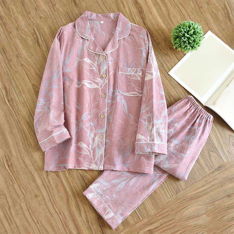 Bamboo Leaf Inspired Cotton Pajama Set - Pink - XXL - image 5