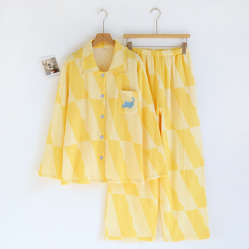 Cat Pocket Plaid Cotton Pajama Set - image 2