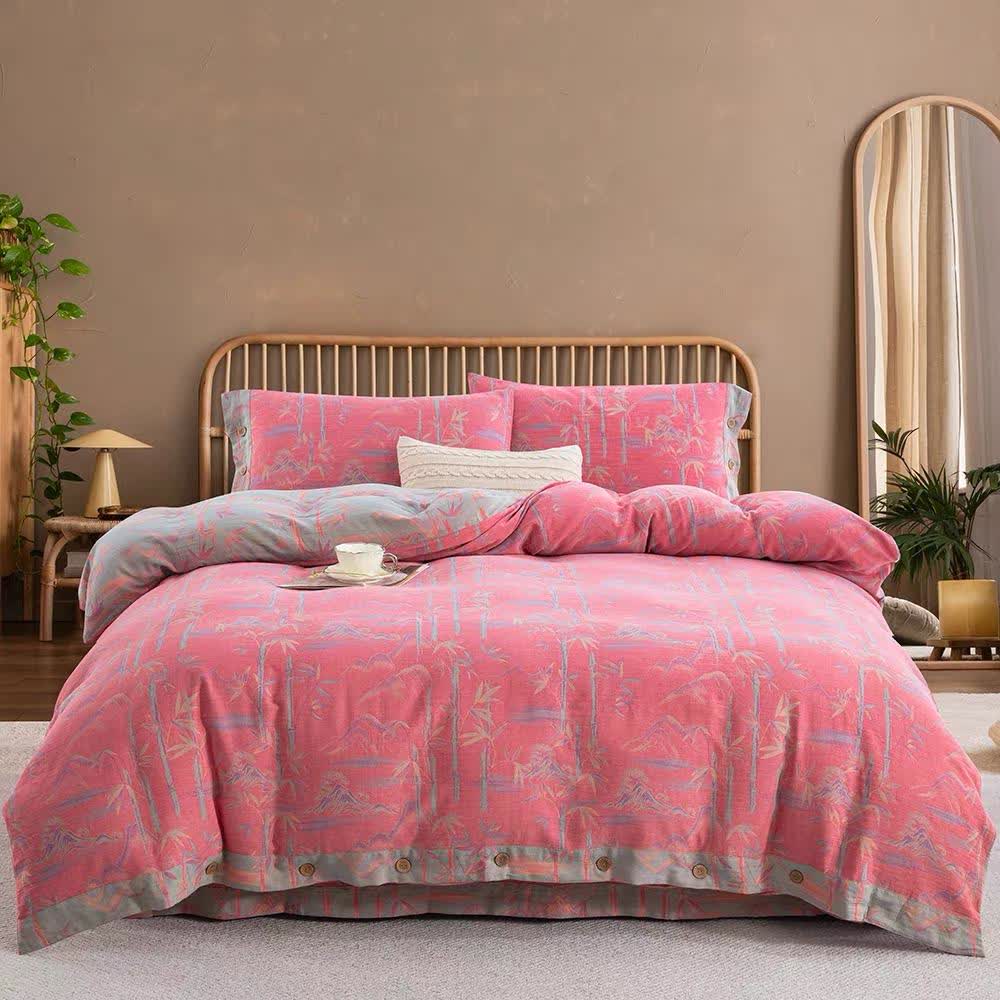 Bamboo Plant Cotton Gauze Reversible Bedding Set (4PCS)  - Pink - King - image 17