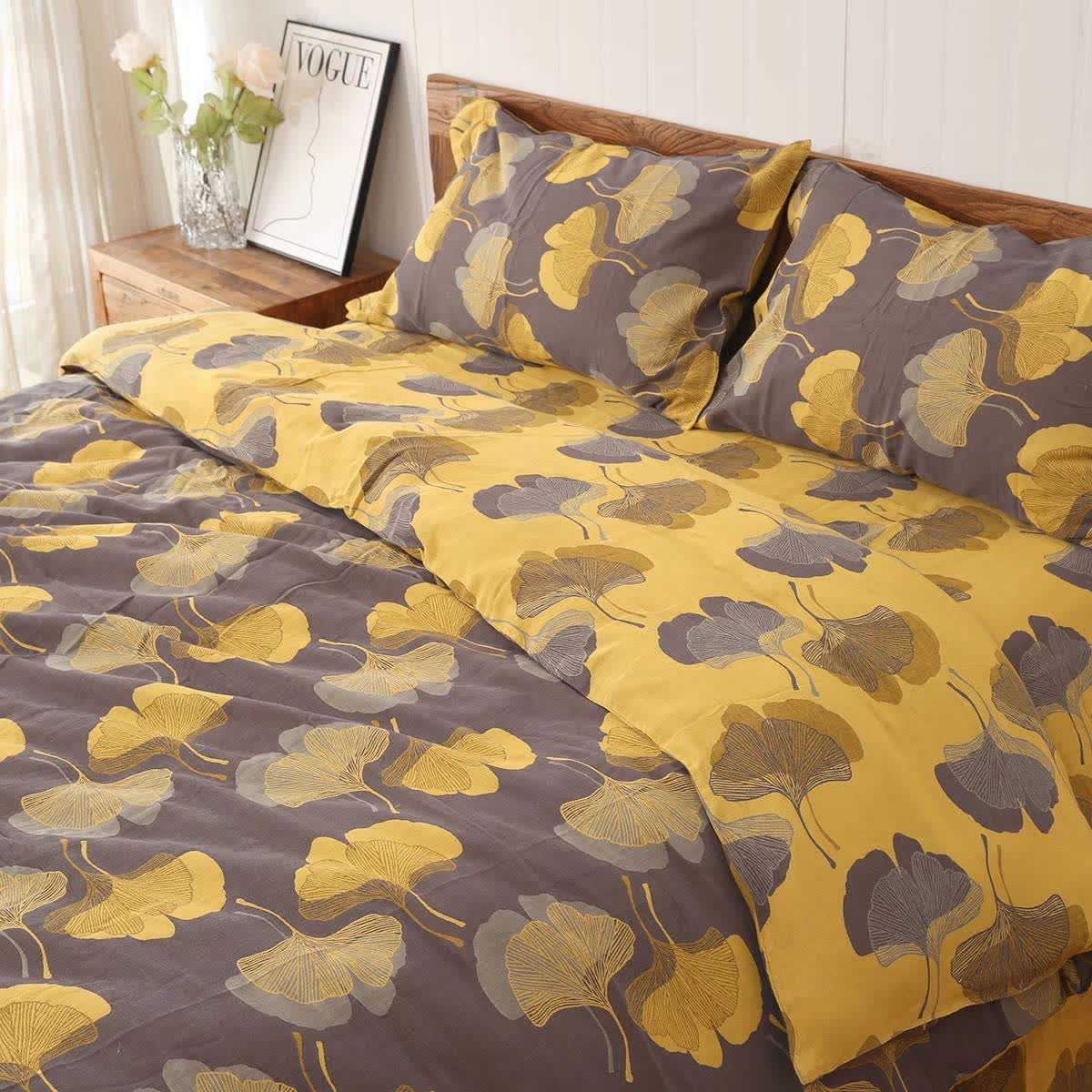 Ginkgo Leaf Cotton Reversible Bedding Set(4PCS) - Grey - Bedding Set - Queen - image 1