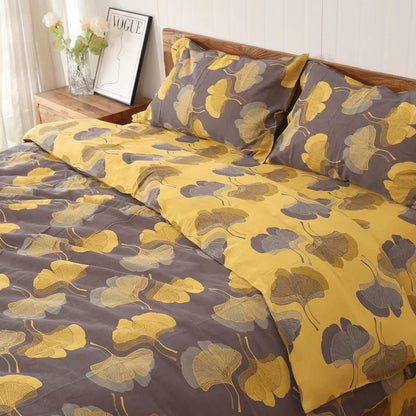 Ginkgo Leaf Cotton Reversible Bedding Set(4PCS) - Grey - Bedding Set - Queen - image 1