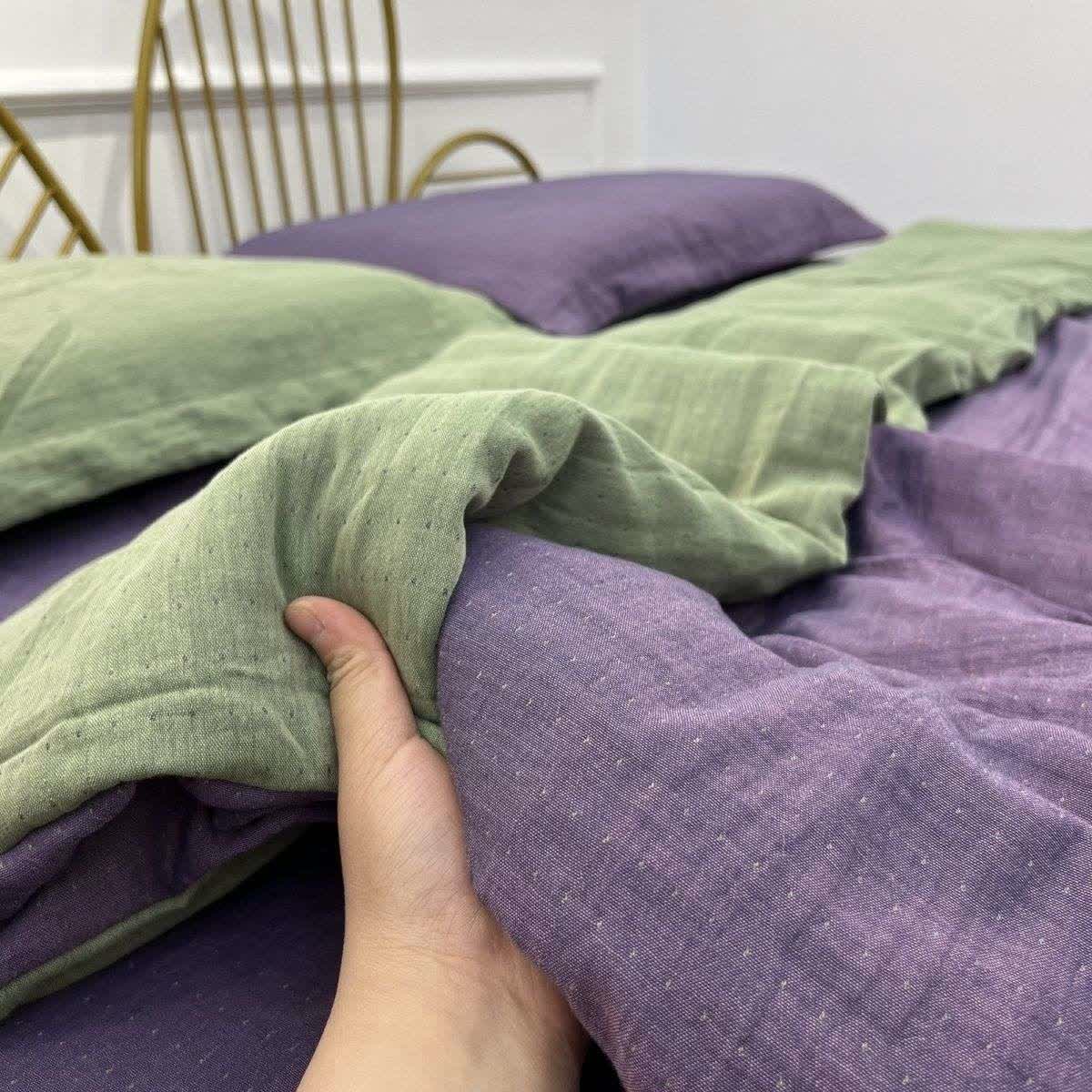 Minimalist Reversible Cotton Gauze Bedding - Purple & Green - Bedding Set - King - image 4