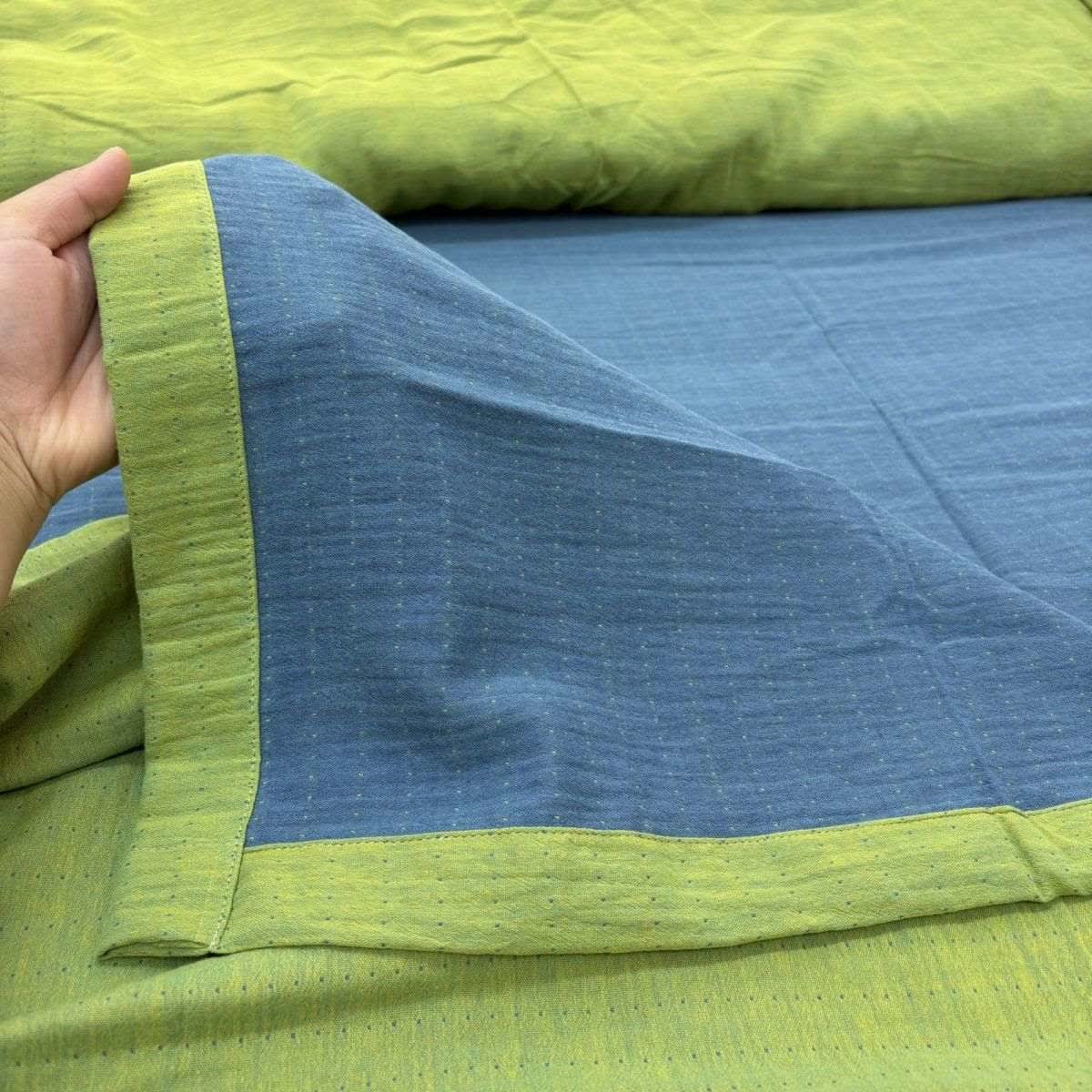 Minimalist Reversible Cotton Gauze Bedding - Blue & Green - Bed Sheet - King - image 1