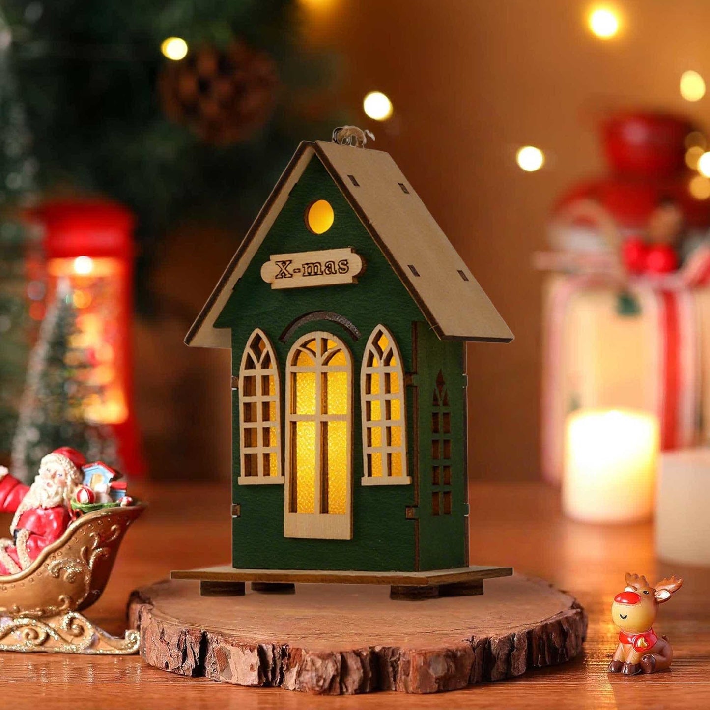 Christmas Holiday Lighted Wood House Decor  - Green - image 11