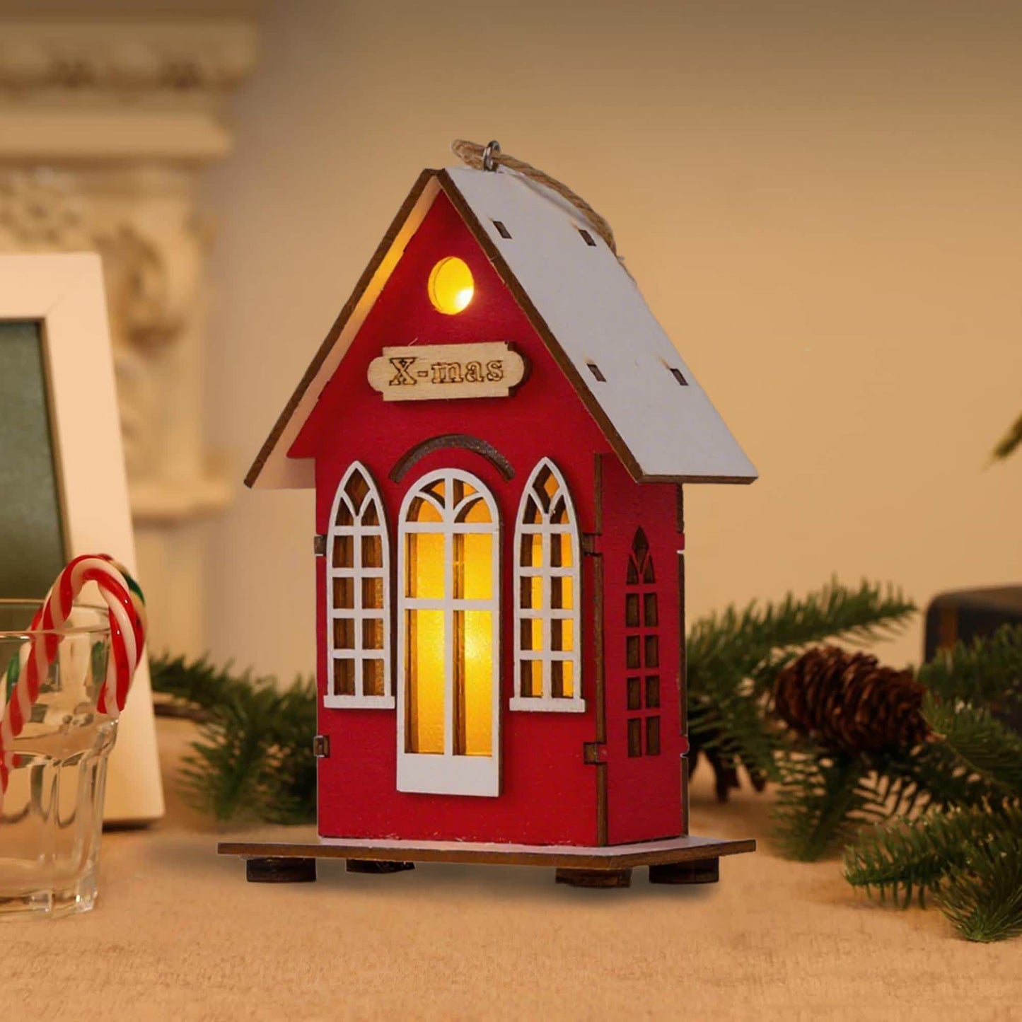 Christmas Holiday Lighted Wood House Decor  - Red - image 4