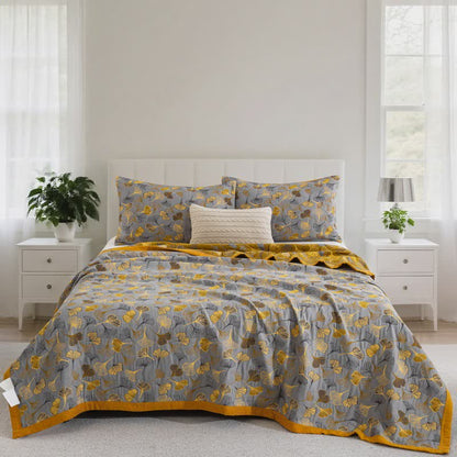 Ownkoti Ginkgo Biloba Organic Cotton Quilt - Grey - Quilt with 2PCS Pillowcases - Cal King - image 46