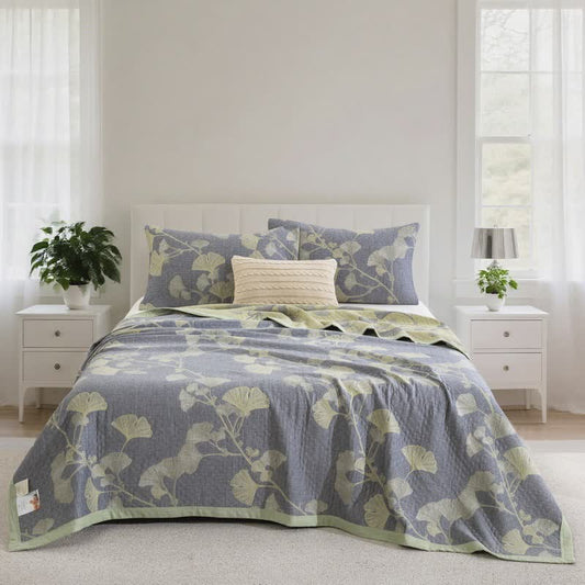 Ownkoti Ginkgo Inspired Natural Cotton Reversible Quilt - Blue - Quilt with 2PCS Pillowcases - Cal King - image 0