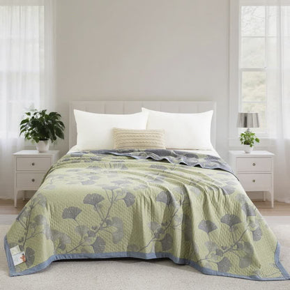 Ownkoti Ginkgo Inspired Natural Cotton Reversible Quilt - Green - Quilt - Cal King - image 15