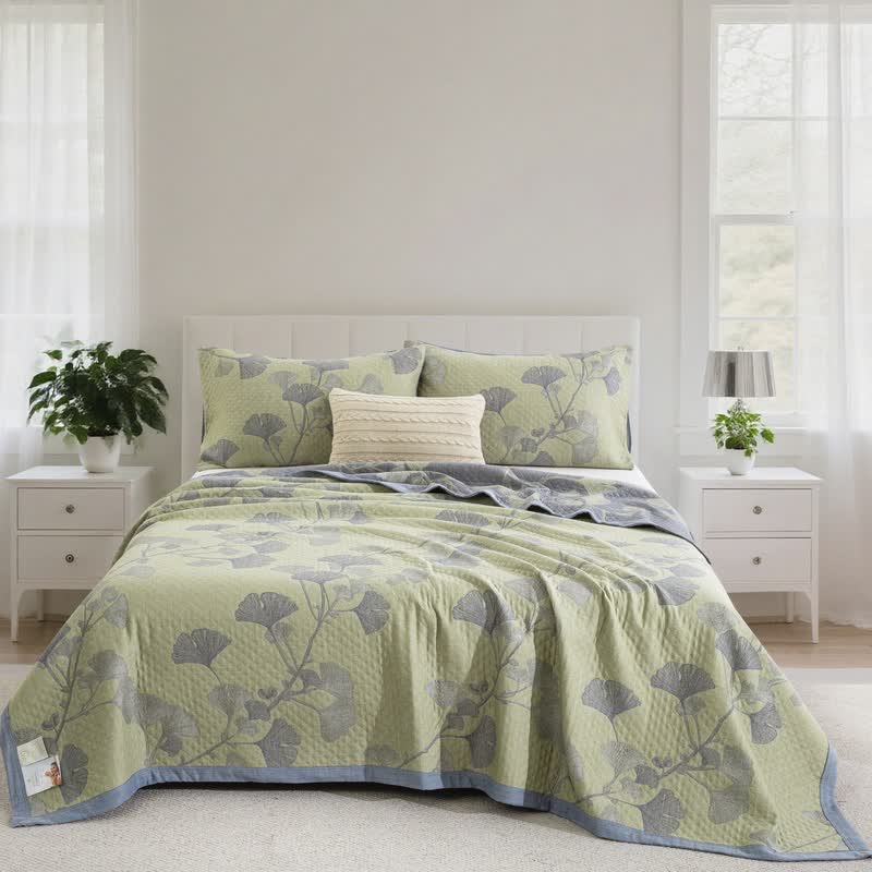 Ownkoti Ginkgo Inspired Natural Cotton Reversible Quilt - Green - Quilt with 2PCS Pillowcases - Cal King - image 12