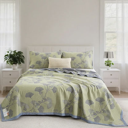 Ownkoti Ginkgo Inspired Natural Cotton Reversible Quilt - Green - Quilt with 2PCS Pillowcases - Cal King - image 12