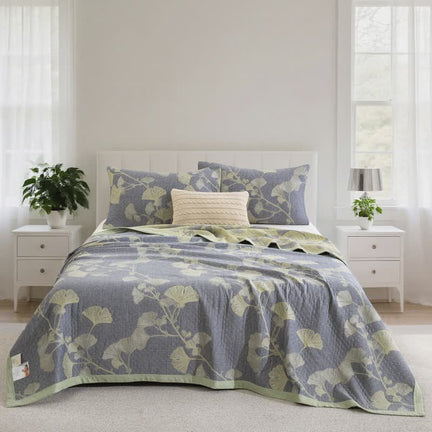 Ownkoti Ginkgo Inspired Natural Cotton Reversible Quilt - Blue - Quilt with 2PCS Pillowcases - Cal King - image 0
