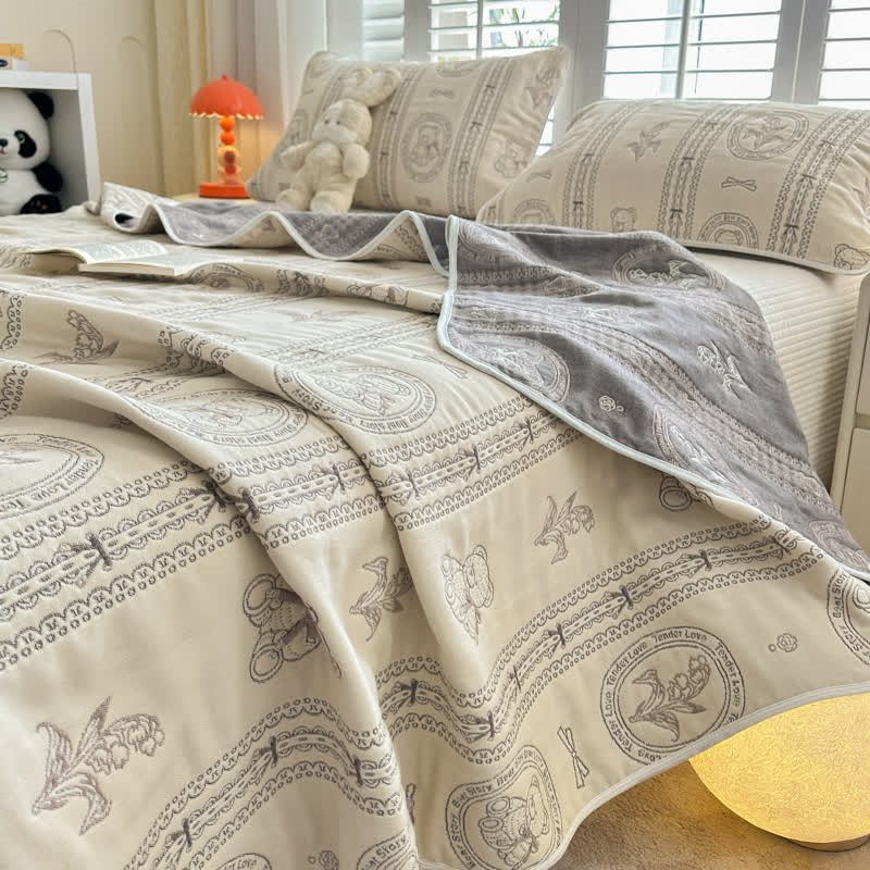 Bear Floral Stripe Cotton Muslin Quilt - image 1