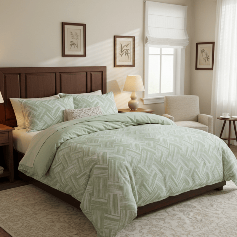 Green Herringbone Cotton Duvet Cover Set(3PCS) - image 1