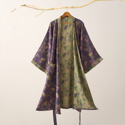 Ownkoti Ginkgo Biloba Cotton Gauze Kimono Robe - Purple & Green - 2XL - image 10