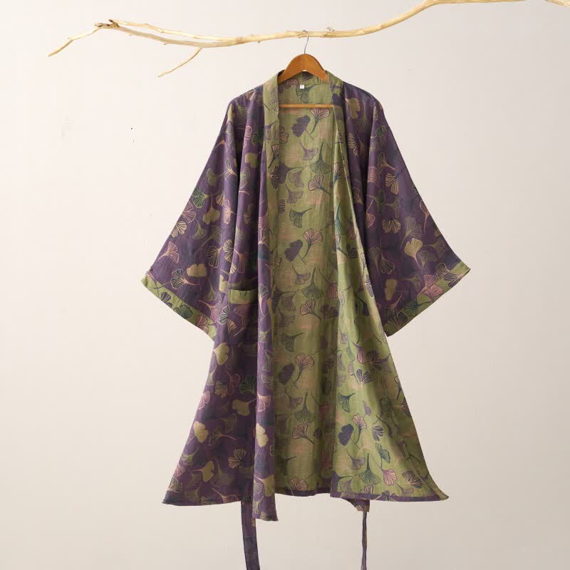 Ownkoti Ginkgo Biloba Cotton Gauze Kimono Robe - Purple & Green - 2XL - image 5