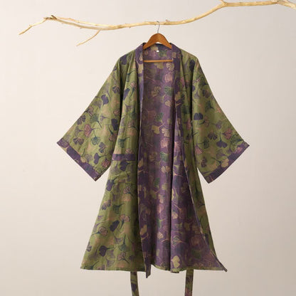 Ownkoti Ginkgo Biloba Cotton Gauze Kimono Robe - Green & Purple - 2XL - image 30