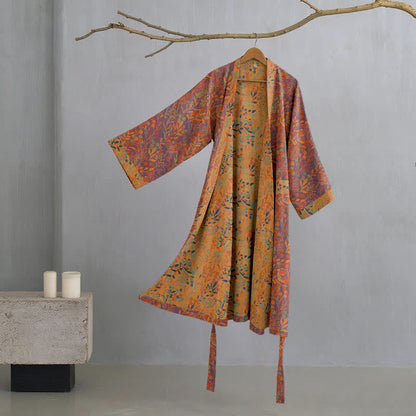 Ownkoti Vintage Leaf Cotton Gauze Kimono Robe - Grey & Orange - XL - image 5