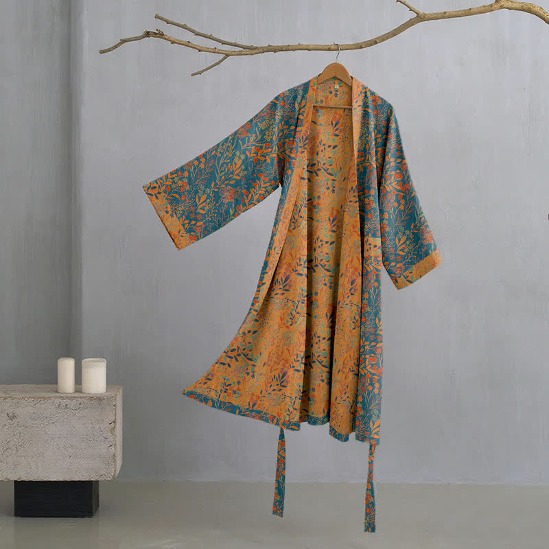 Ownkoti Vintage Leaf Cotton Gauze Kimono Robe - Blue & Orange - XL - image 0