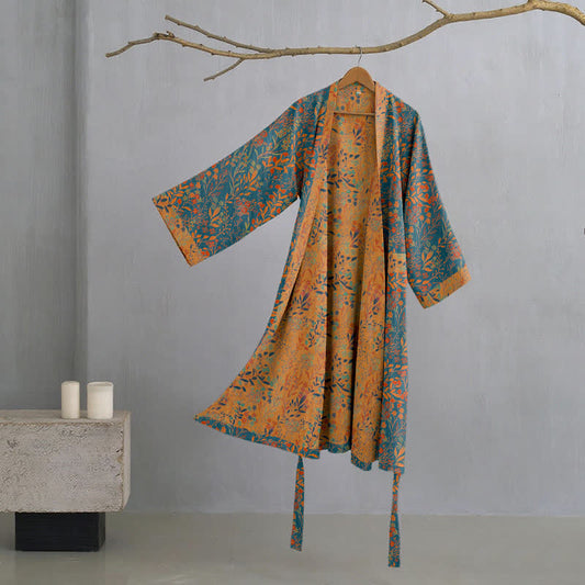 Ownkoti Vintage Leaf Cotton Gauze Kimono Robe - Blue & Orange - XL - image 0