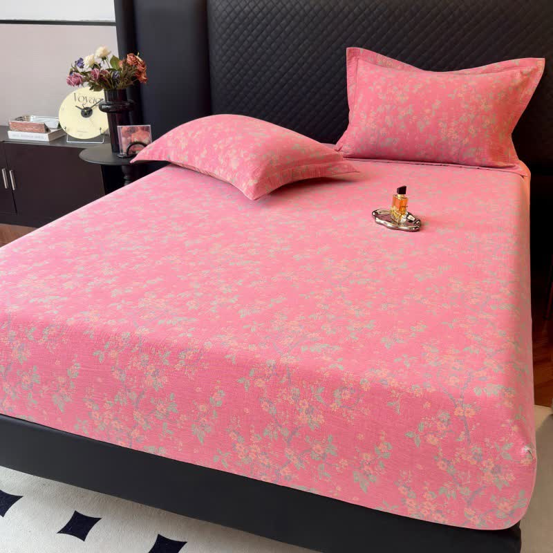 Plum Blossom Cotton Gauze Fitted Sheet - Pink - Fitted Sheet with 2PCS Pillowcases - Queen - image 3