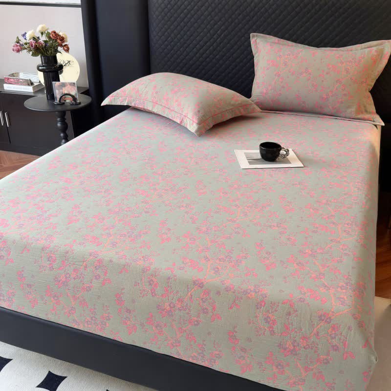 Plum Blossom Cotton Gauze Fitted Sheet - Light Green - Fitted Sheet with 2PCS Pillowcases - Queen - image 0