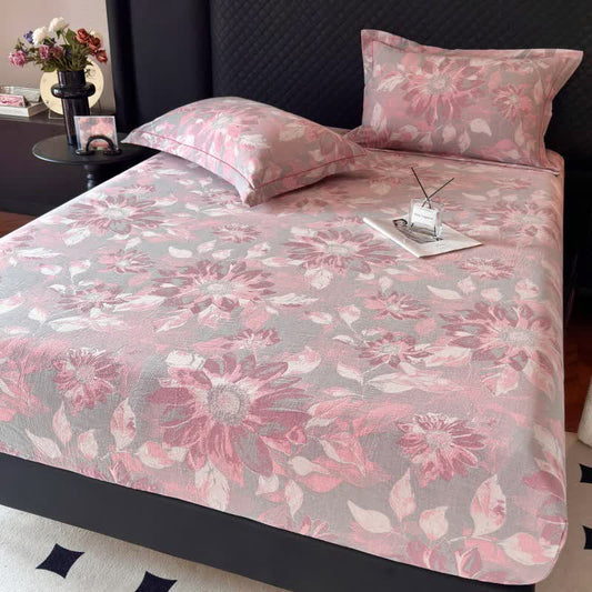 Rustic Sunflower Cotton Gauze Fitted Sheet - Light Green - Fitted Sheet with 2PCS Pillowcases - Queen - image 0