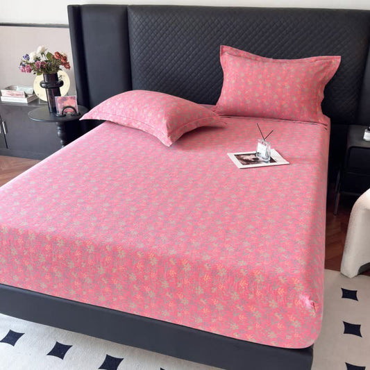 Pastoral Floral Cotton Gauze Fitted Sheet - Pink - Fitted Sheet with 2PCS Pillowcases - Queen - image 0