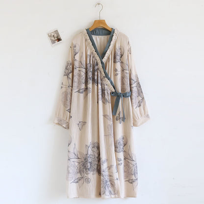 Ownkoti Oriental Butterfly Floral Cotton Gauze Nightdress - XL - image 1