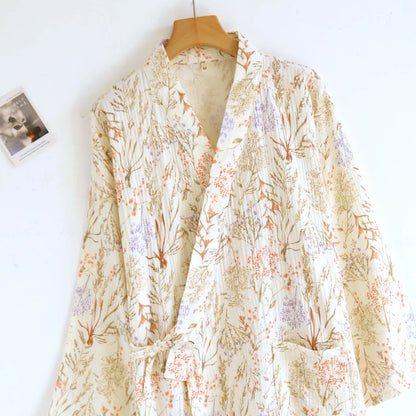 Muted Floral Cotton Gauze Kimono Bathrobe - image 3