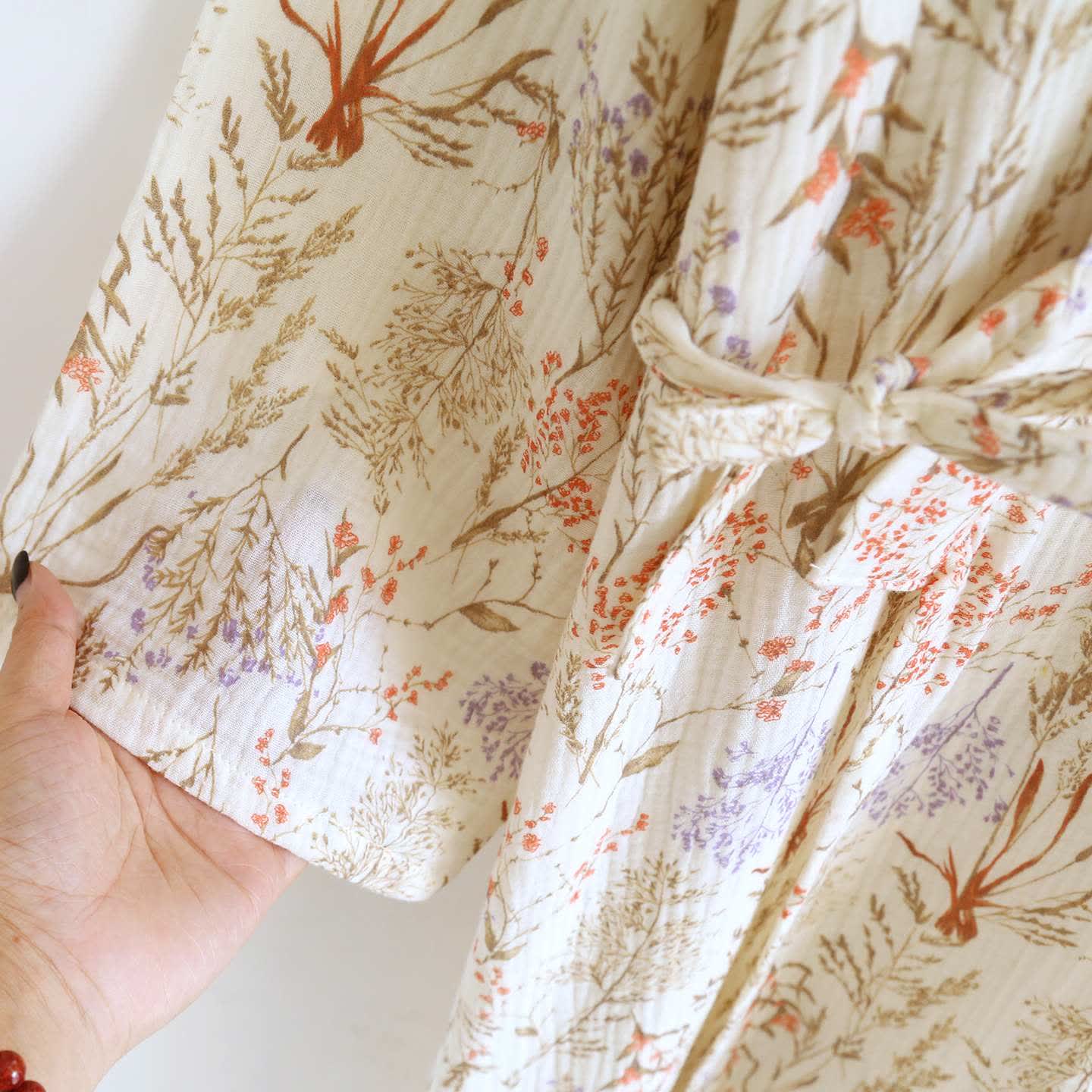 Muted Floral Cotton Gauze Kimono Bathrobe - image 6