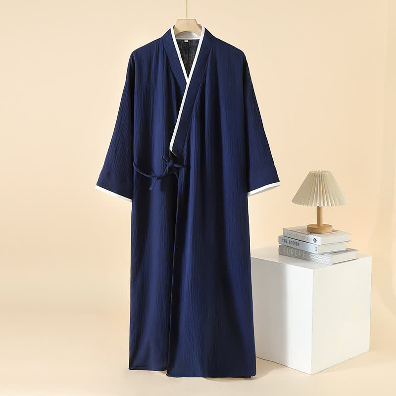 Ownkoti Unisex Minimalist Cotton Gauze Kimono Bathrobe - Navy Blue & White - M - image 2
