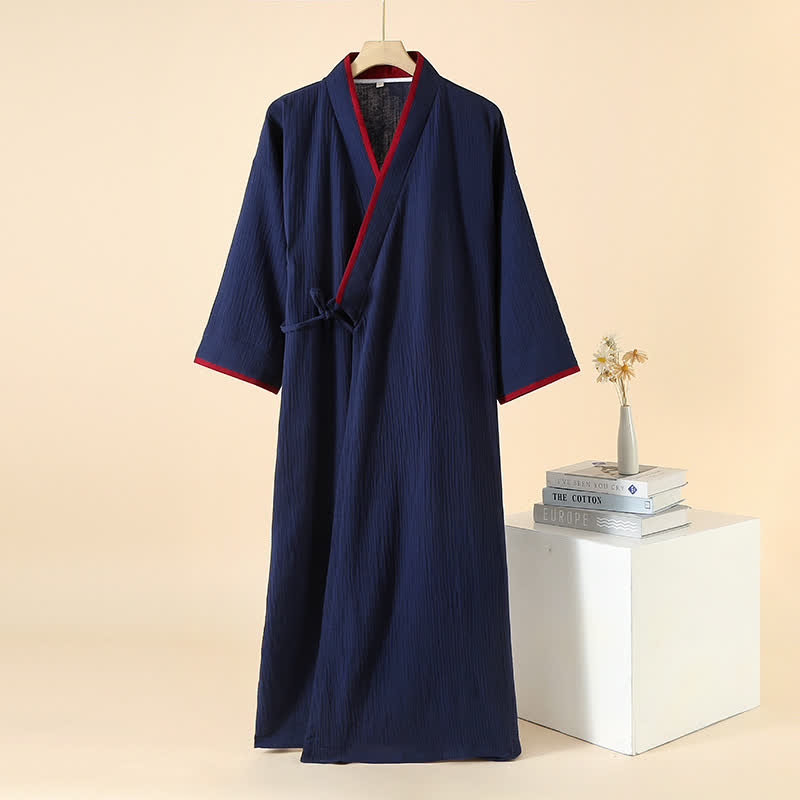 Ownkoti Unisex Minimalist Cotton Gauze Kimono Bathrobe - Navy Blue & Red - XL - image 10