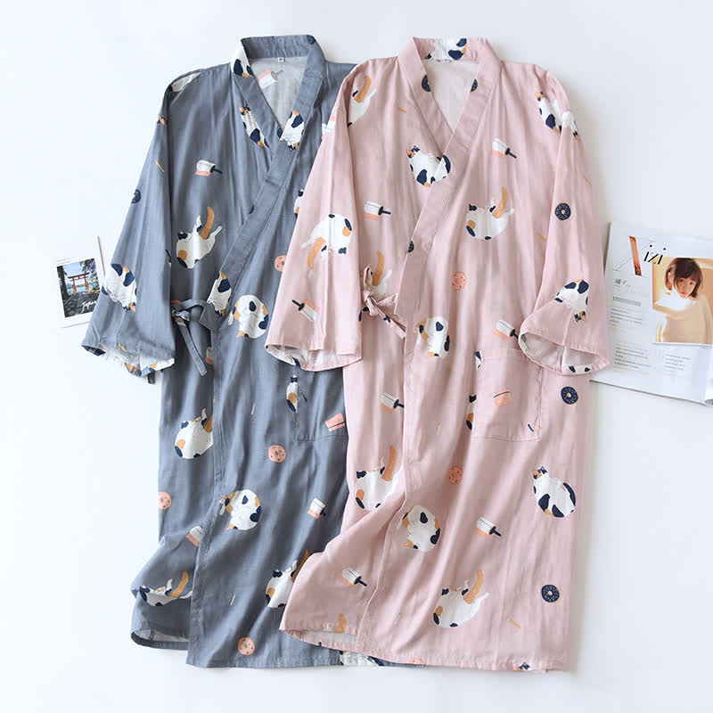 Matching Cat Cotton Gauze Kimono Bathrobe - image 0