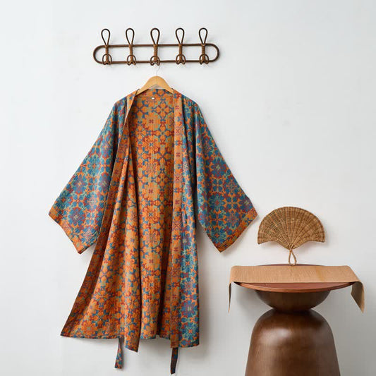 Ownkoti Retro Geometric Pattern Cotton Kimono Robe - Blue - 2XL - image 0
