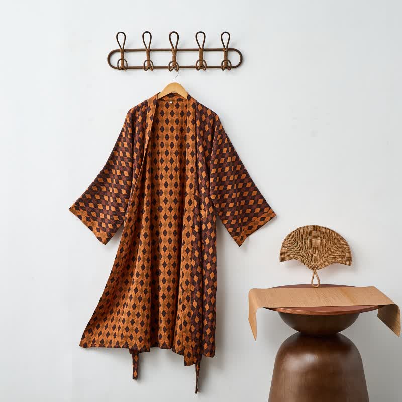 Diamond Plaid Cotton Gauze Kimono Robe - Brown & Red - 2XL - image 1