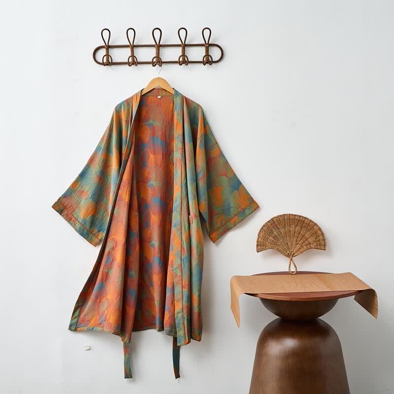 Ginkgo Leaf Print Cotton Kimono Robe - image 0