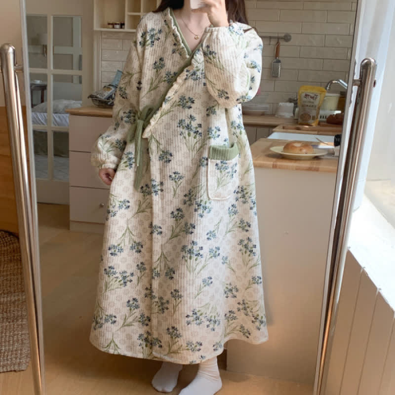 Elegant Floral Ruffled Nightdress with Pocket - XXL - image 1