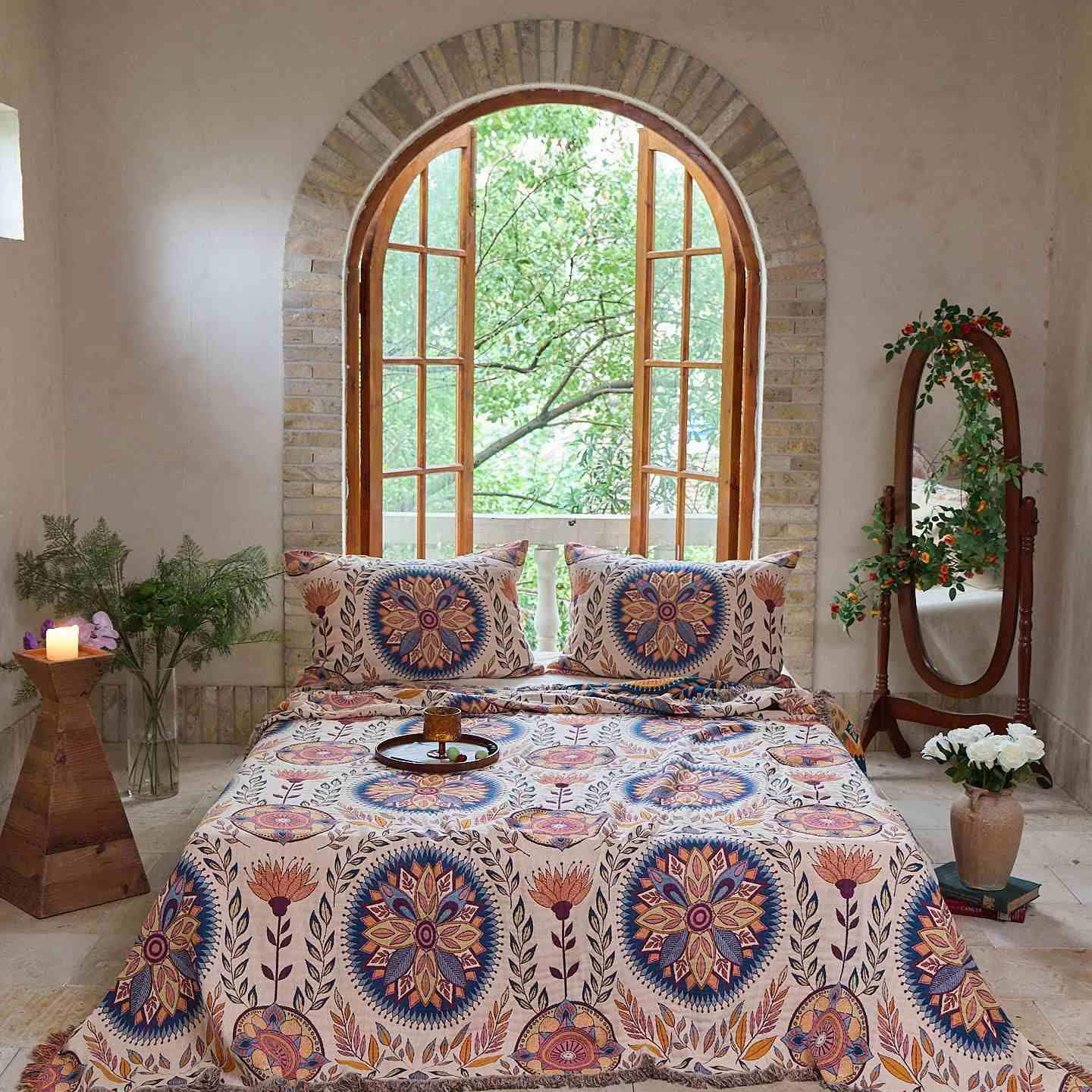 Ownkoti Floral Medallion Cotton Tassel Blanket - Blanket with 2PCS Pillowcases - 90"W x 98"L - image 0