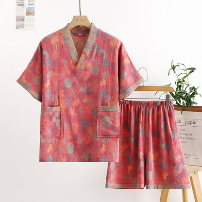 Rural Style Cotton Gauze V-neck Nightwear Set - Pink - XL - image 2