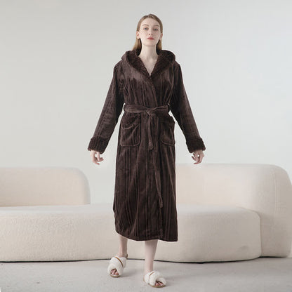 Ownkoti Fleece Hooded Winter Long Bathrobe - Brown - Women XL - image 11