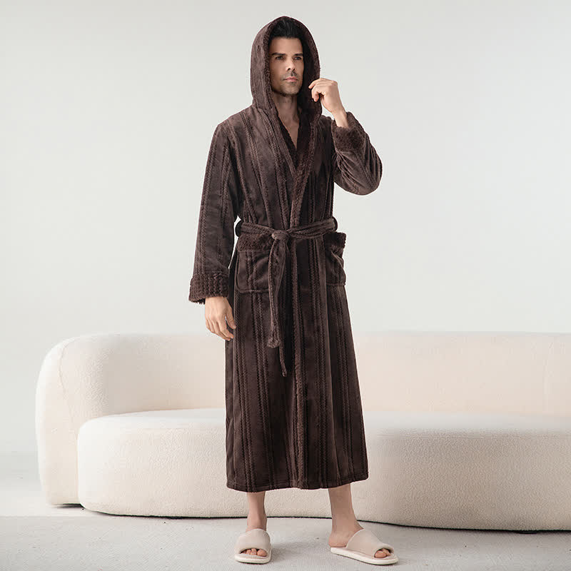 Ownkoti Fleece Hooded Winter Long Bathrobe - Brown - Men XL - image 12
