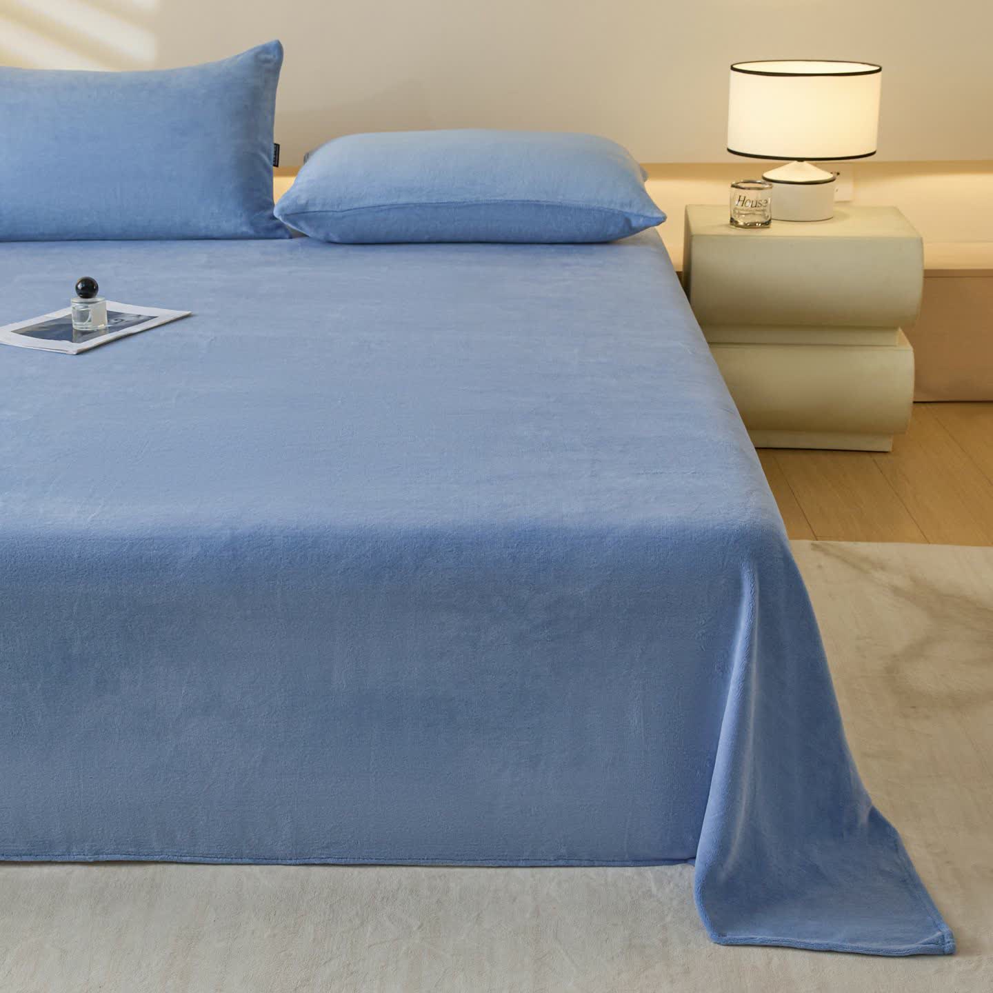 Ownkoti Minimalist Solid Color Plush Sheet - Blue - Coverlet with 2PCS Pillowcases - King - image 9